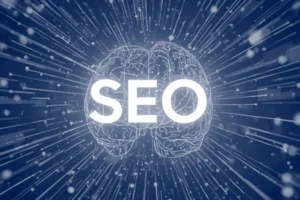 Ilustração de um cérebro revestido por circuitos impressos simbolizando a inteligencia artificial, com a palavra SEO a frente